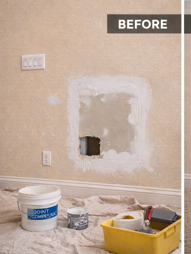Drywall repair area before completion with visible patching and repair supplies