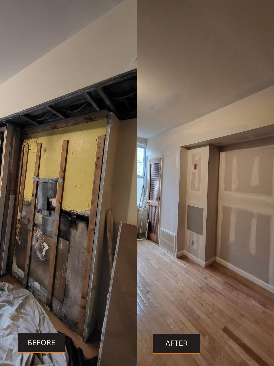 Before and after interior wall and framing repair example