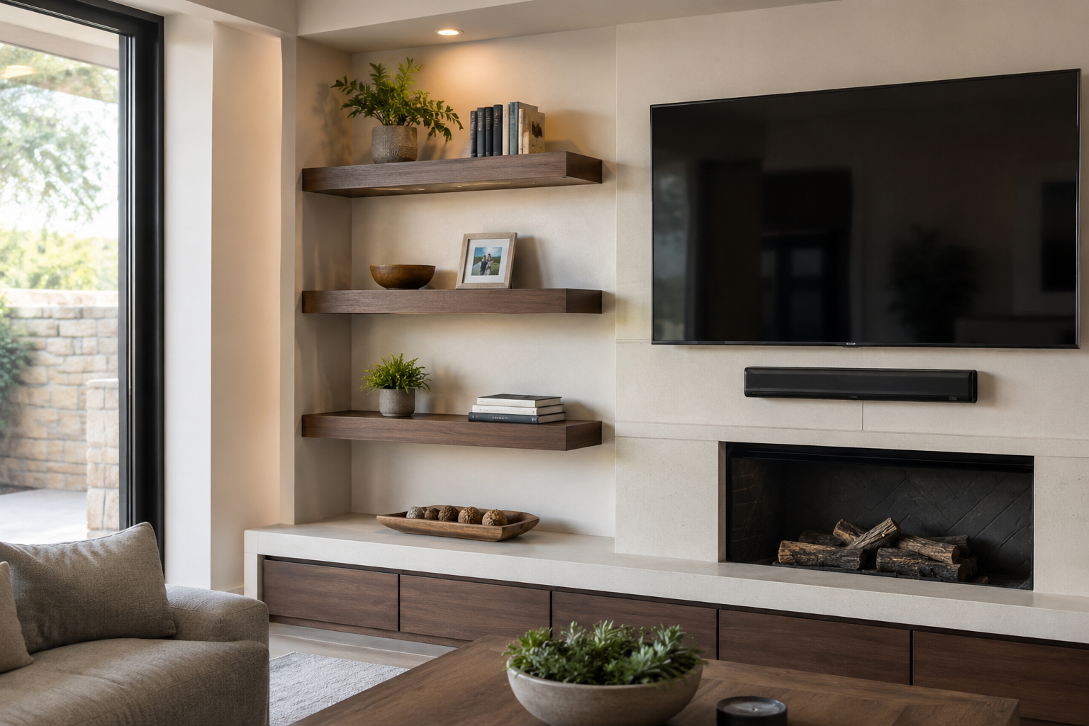 Installed wall shelving in a cozy living room