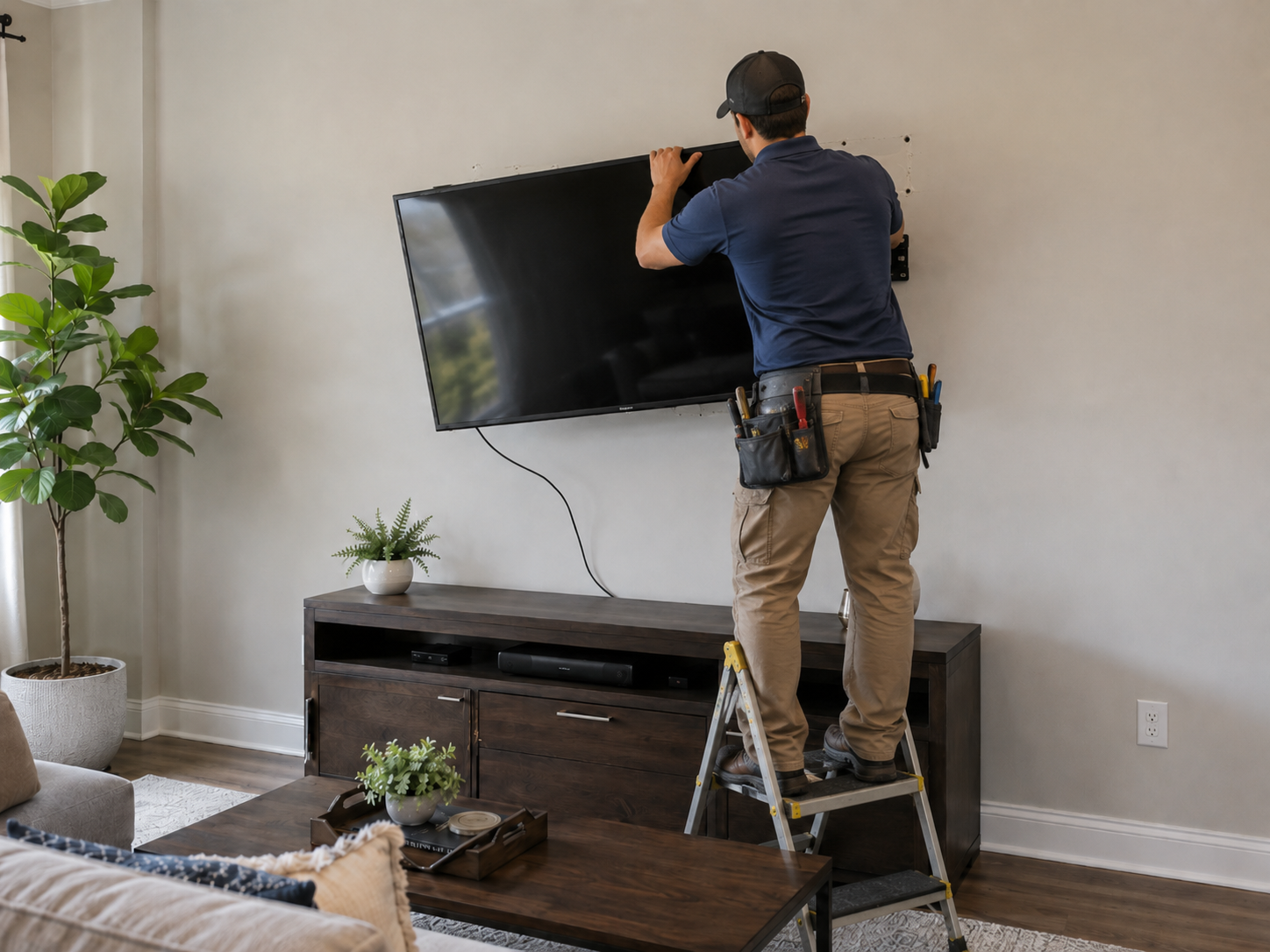 Handyman mounting and straightening a wall-mounted television in a modern living room