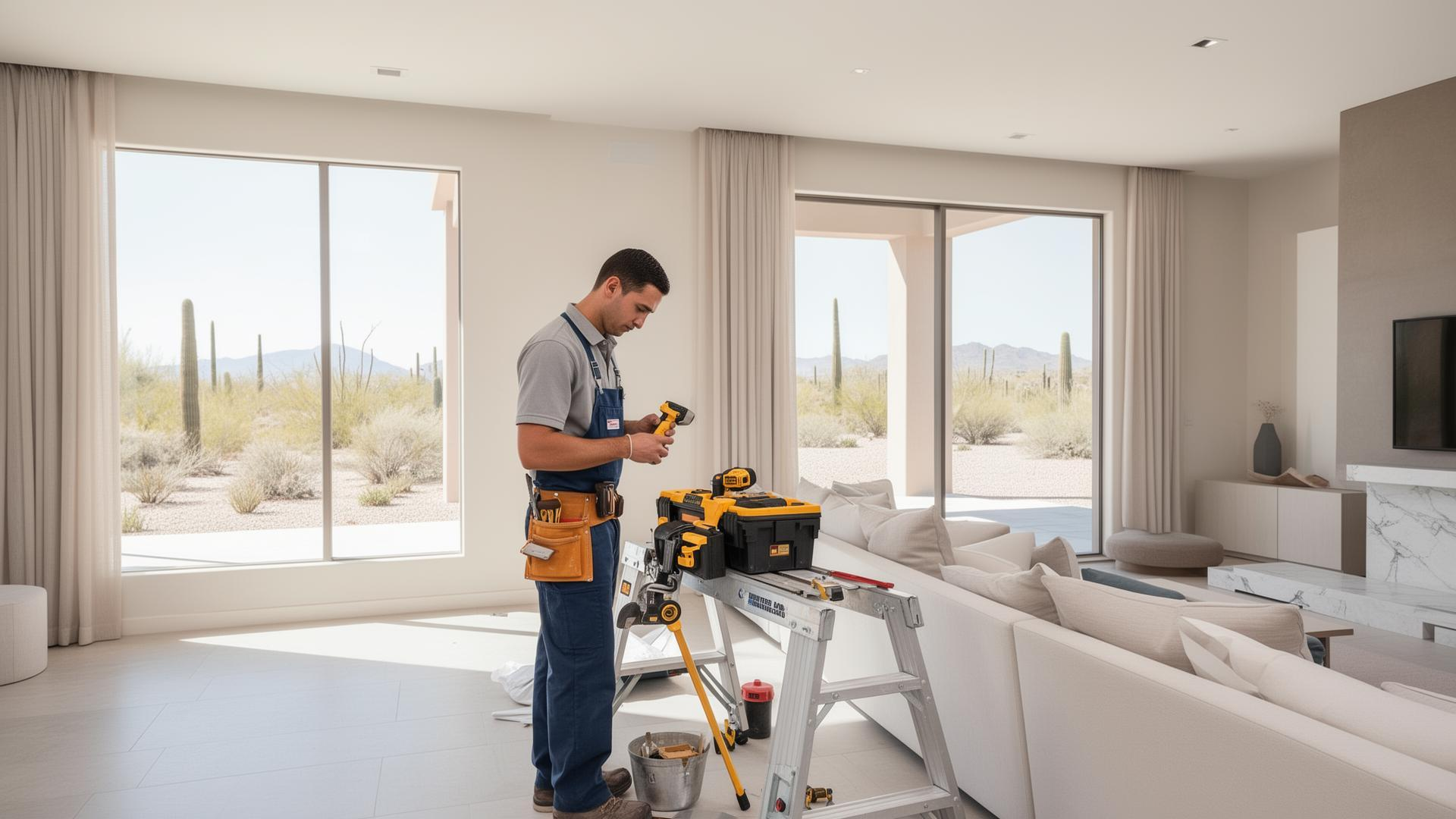 Friendly handyman arriving with tools inside a bright Arizona home